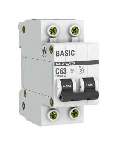 Автоматический выключатель 2P 63А (C) 4,5кА ВА 47-29 Basic (mcb4729-2-63C). Автоматический выключатель. EKF в Махачкале