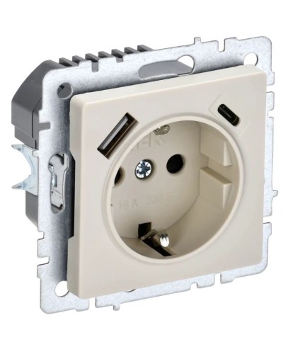 Розетка с з/к с USB A+C 18Вт РЮш11-1-БрКр бежевый BRITE (BR-R14-16-U22-018-K10). Розетка с заземлением с защитными шторками, 18Вт. IEK в Махачкале