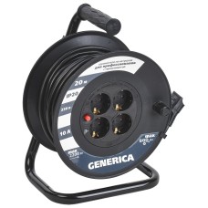 УК20 4 места 2P+PE, 20м GENERICA (WKP10-10-04-20-G). Удлинитель на катушке с термозащитой, 3х1,0кв.мм. IEK