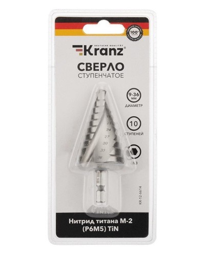 Сверло по металлу ступенчатое ТИТАН 9,0-36,0 мм 110 mm 65 HRC Р6М5 TiN Kranz (KR-12-6614): Сверло по металлу шлифованное в Махачкале