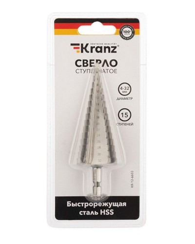Сверло по металлу ступенчатое 4,0-32,0 мм 102 mm 62 HRC Kranz (KR-12-6603): Сверло по металлу шлифованное в Махачкале